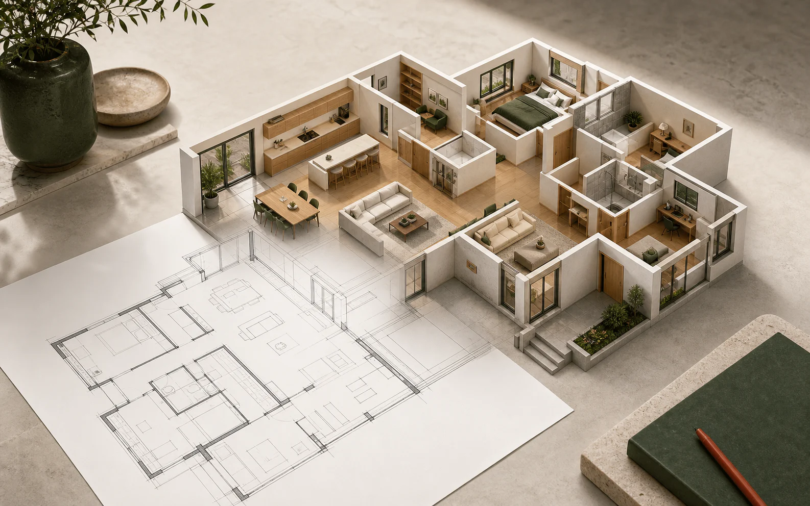 Editable 3D house design shown as a furnished cutaway model