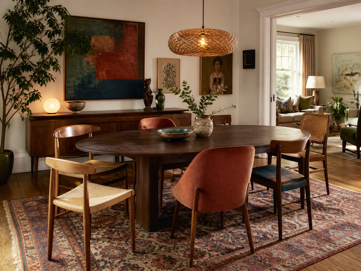 Photorealistic eclectic dining room created as an AI interior design idea