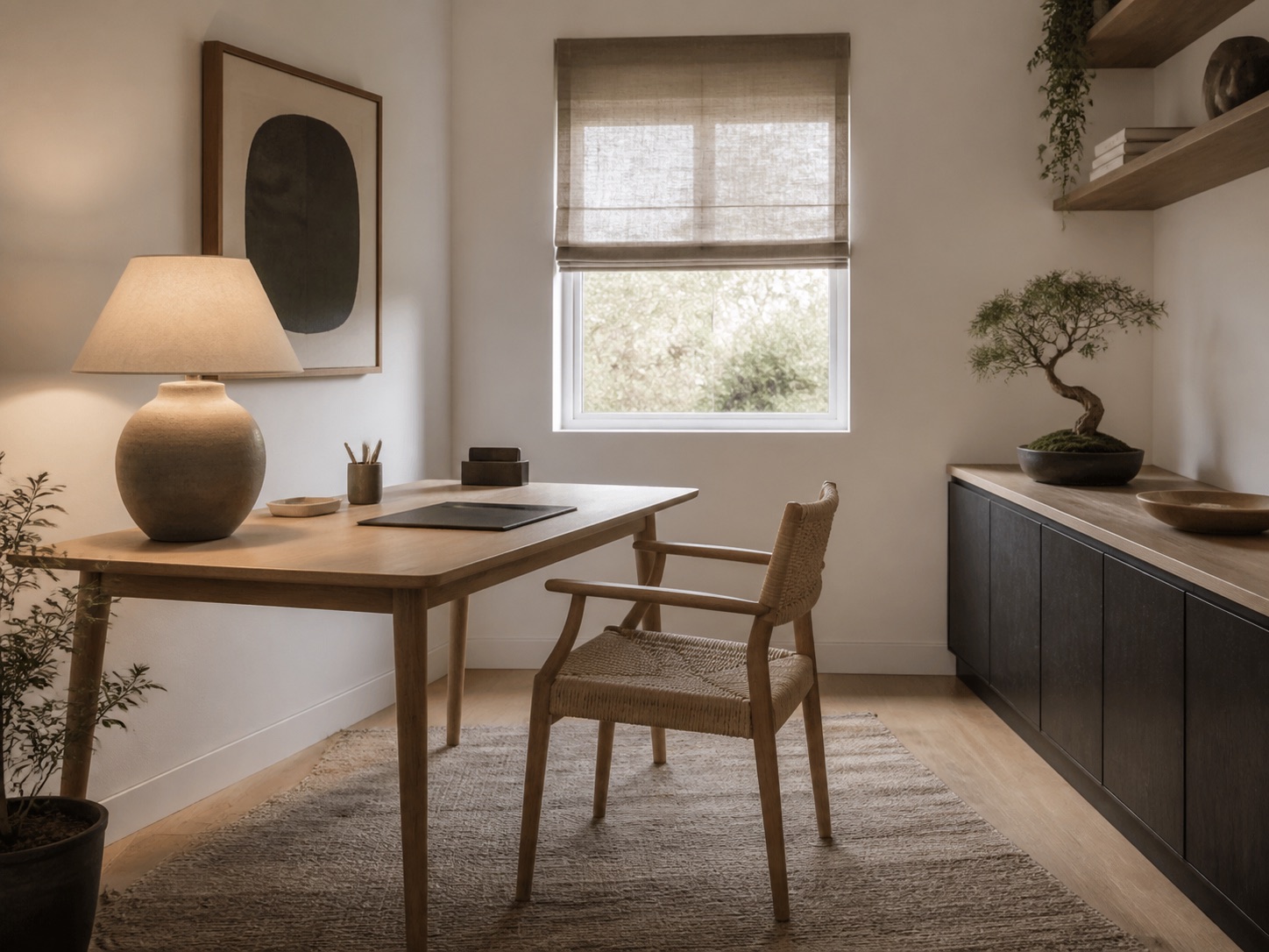 Photorealistic Japandi home office created as an AI interior design idea