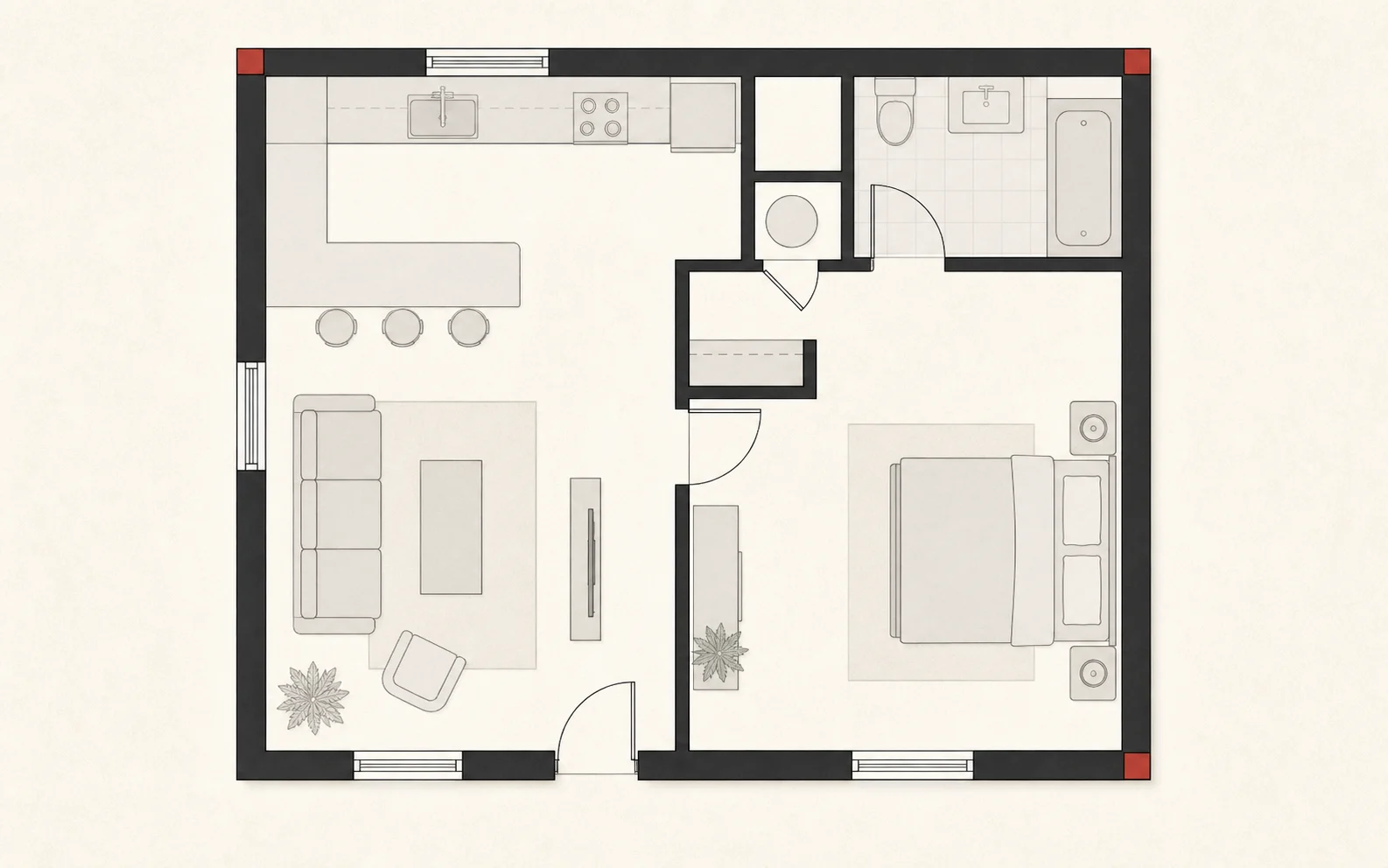 Floor plan with continuous wall corners highlighted
