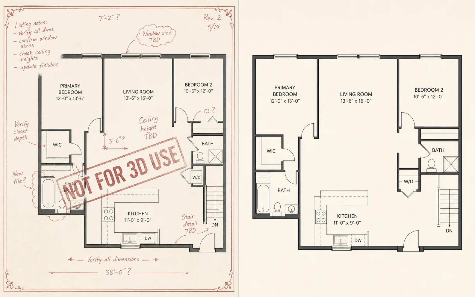 Comparison of a watermarked floor plan and a clean source plan