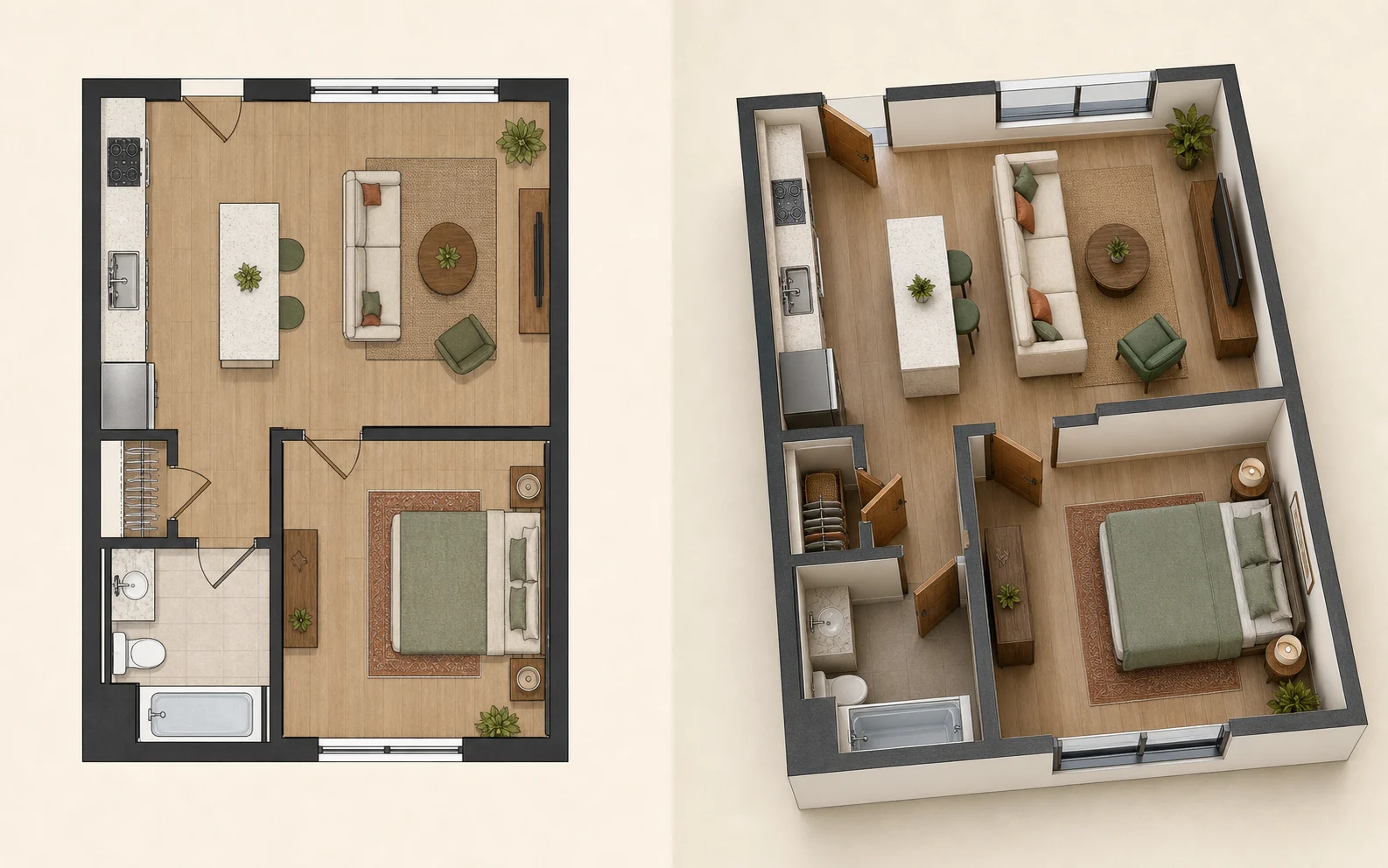 Floor plan and 3D room shown together as a conversion example