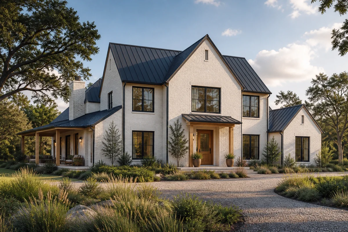 Contemporary farmhouse exterior with warm white brick, a dark standing-seam roof, oak entry, and landscaped gravel drive