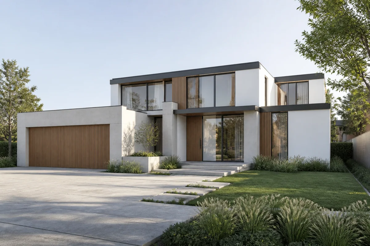 Modern minimalist house exterior with white render, timber accents, and large black-framed windows