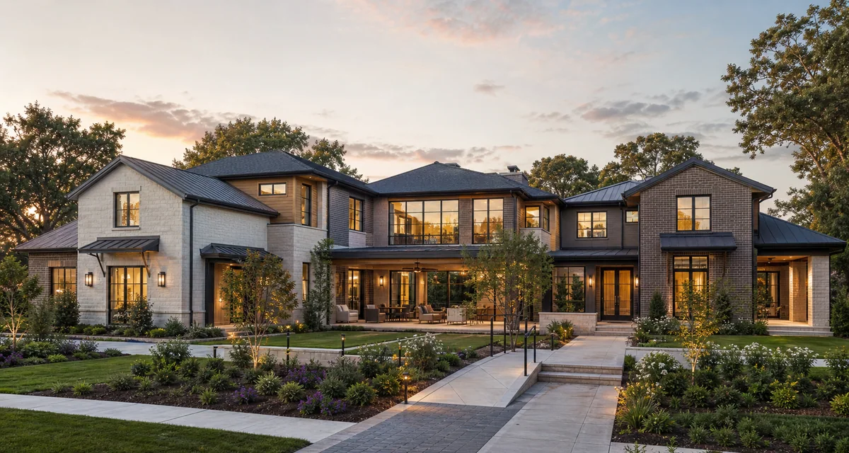 Multi-generational house exterior with two private wings, discreet entrances, and a shared landscaped courtyard