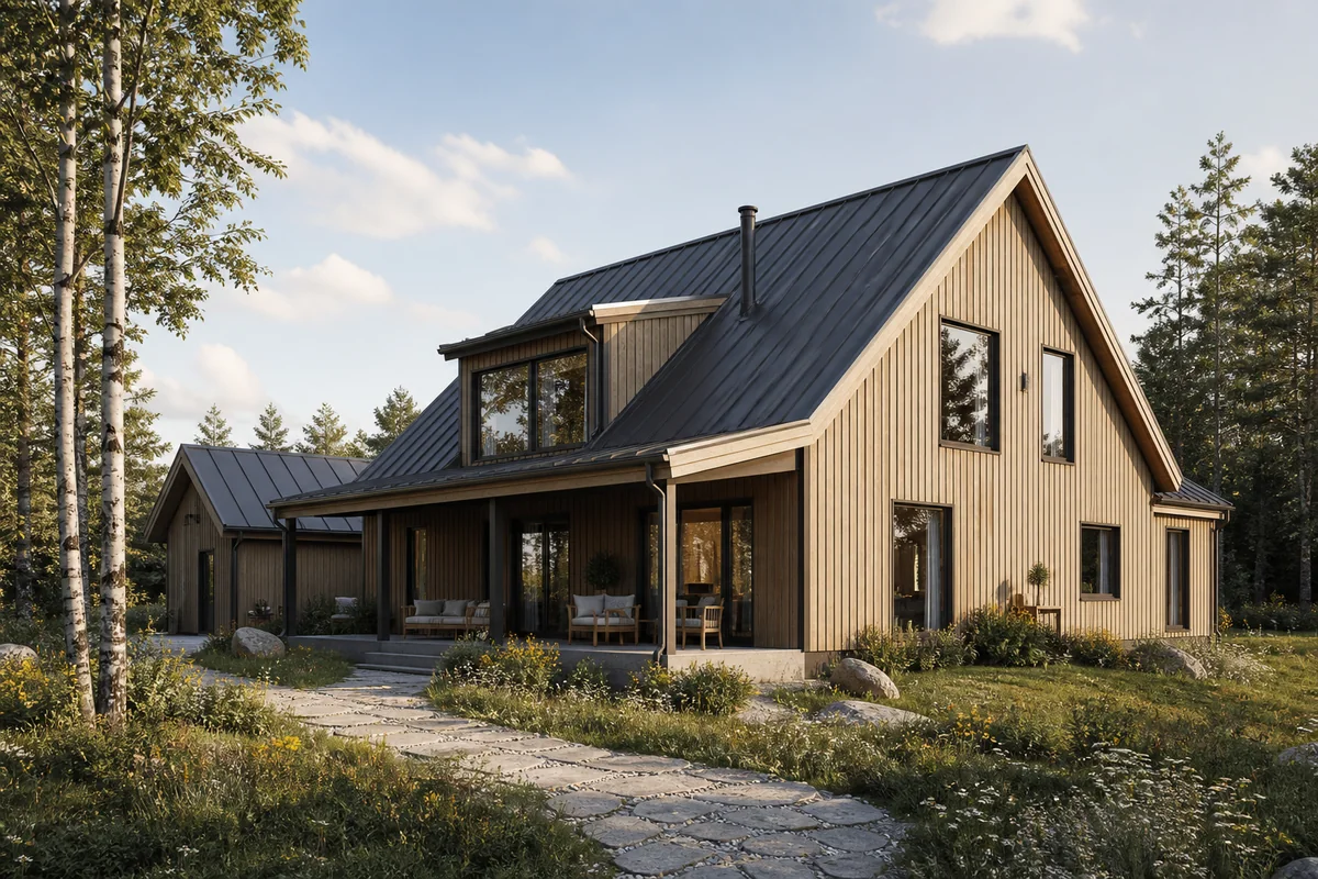 Scandinavian family house exterior with natural timber cladding, a dark pitched roof, and meadow landscaping