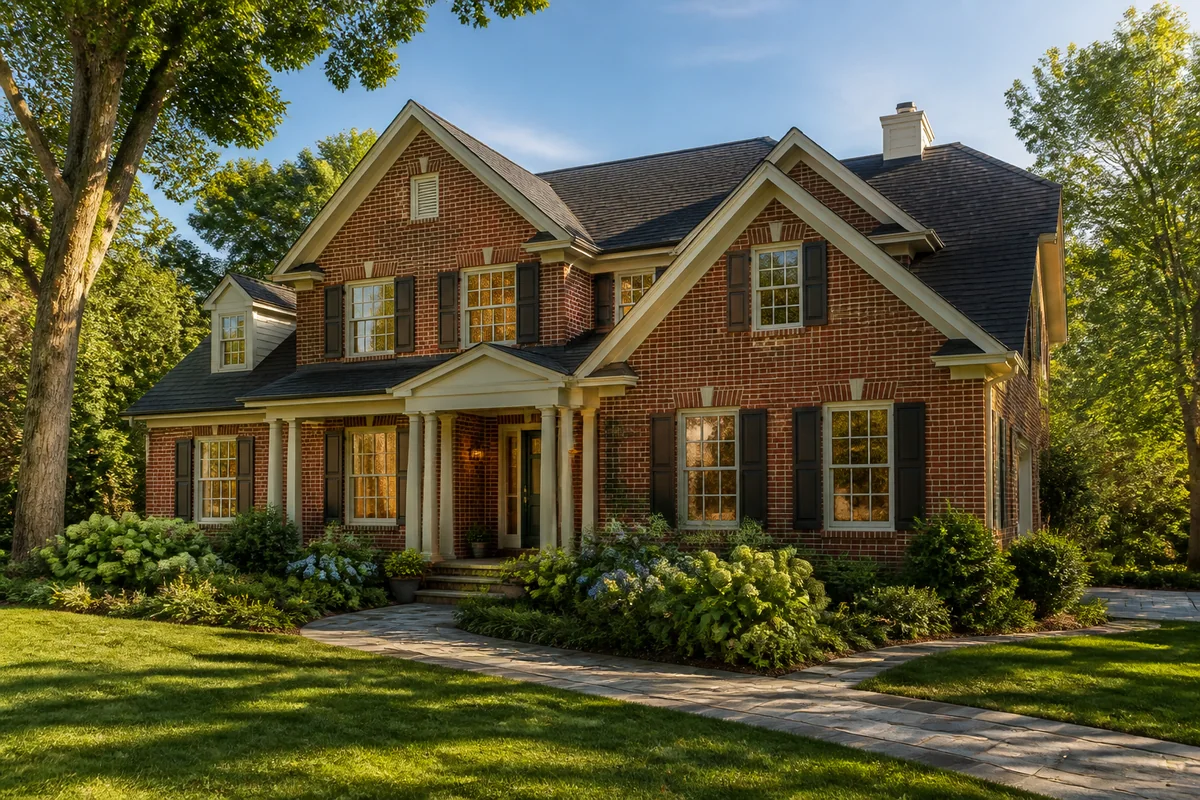 Traditional family house exterior with red brick, balanced gables, a covered entry porch, and mature garden